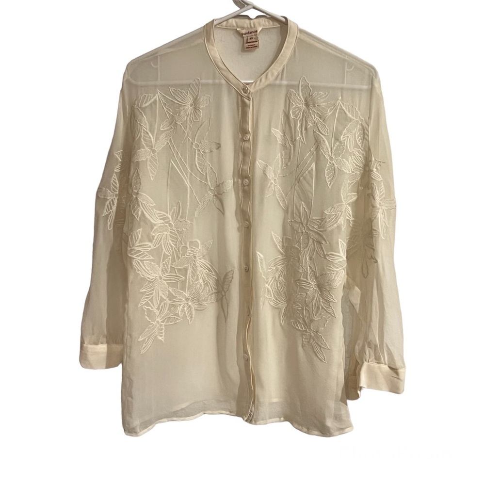 Sundance Ivory Sheer Embroidered Button Down Size XS